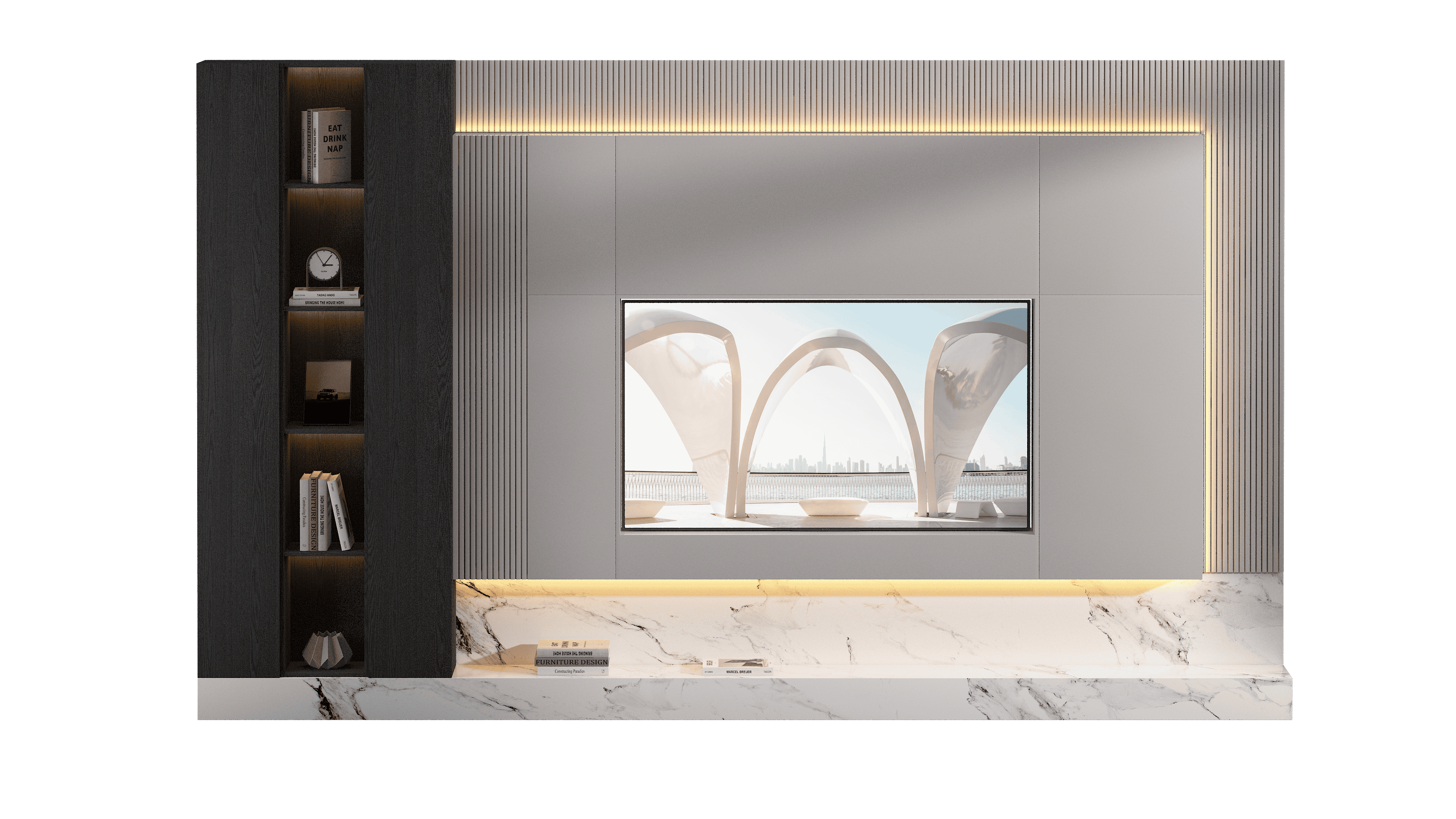 beige wall, espresso wood, light-marble base, 500cm